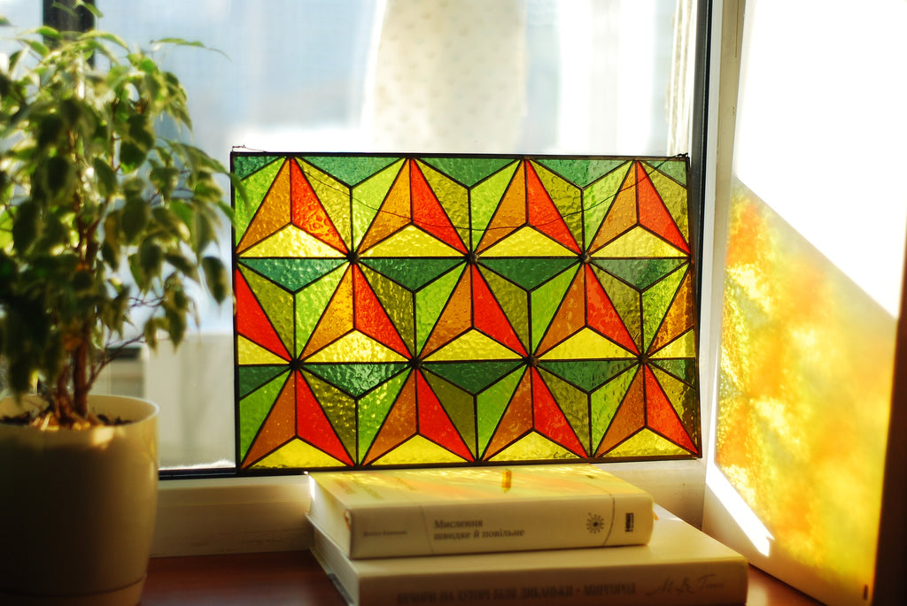 Geometric stained glass panel 16 × 10.3 in. Tiffany Window Hangings, Home House Decor, Handmade Sun Catcher, Easter Gift for Mom
