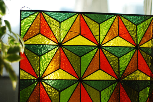 Geometric stained glass panel 16 × 10.3 in. Tiffany Window Hangings, Home House Decor, Handmade Sun Catcher, Easter Gift for Mom