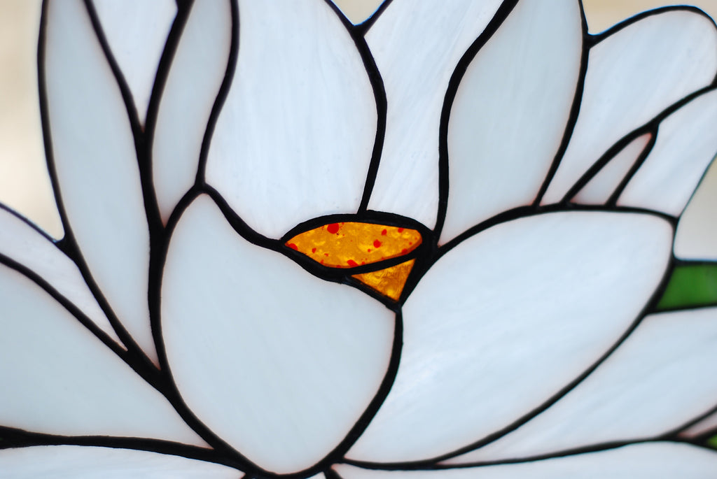 Stained Glass Water Lily Suncatcher 14x7 Inch, Handmade White Lotus Window Hanging, Floral Wall Art, Tiffany Technique, Mothers Day Gift