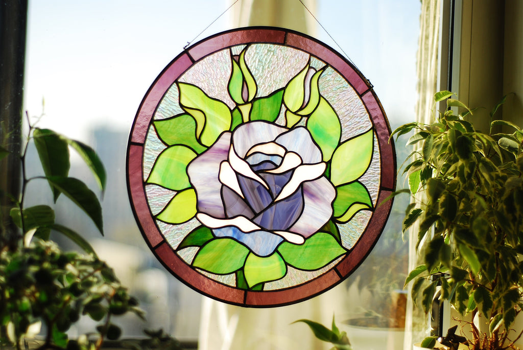 Round Stained Glass Panel Purple Roses, Window hangings Stained glass sun catcher Stained glass decor Mother’s Day gift