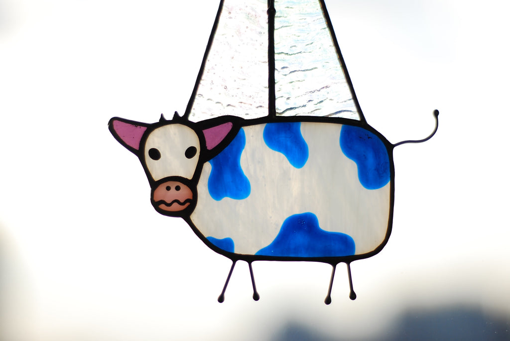 UFO cow stained glass suncatcher funny handmade window decor. Alien abduction stained glass window hangings unique gift for sci-fi fans