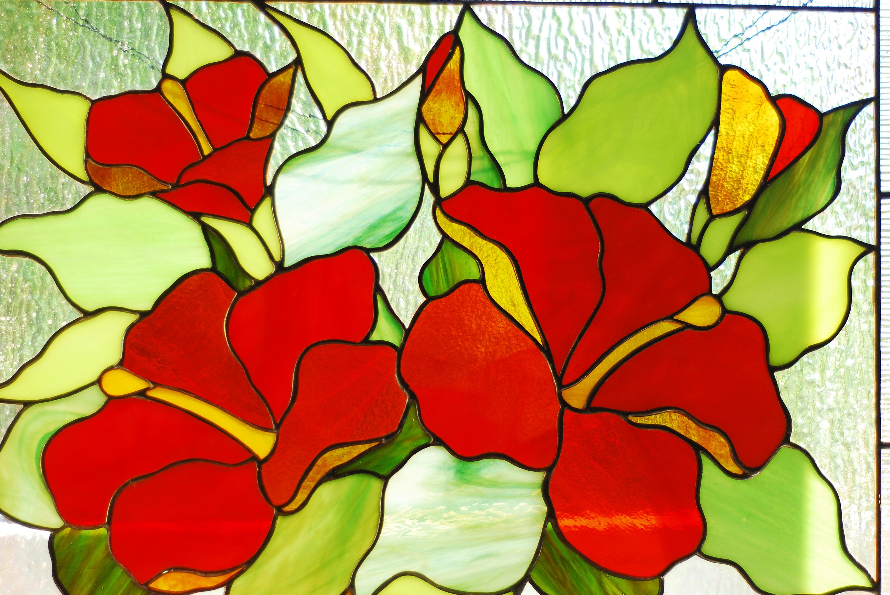 Red Hibiscus Stained Glass Panel - Floral Window Hangings, Custom Suncatcher Handmade Easter decor Tiffany glass art