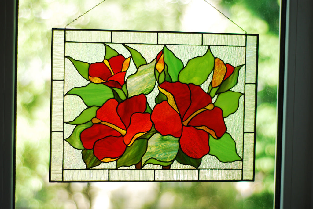 Red Hibiscus Stained Glass Panel - Floral Window Hangings, Custom Suncatcher Handmade Easter decor Tiffany glass art