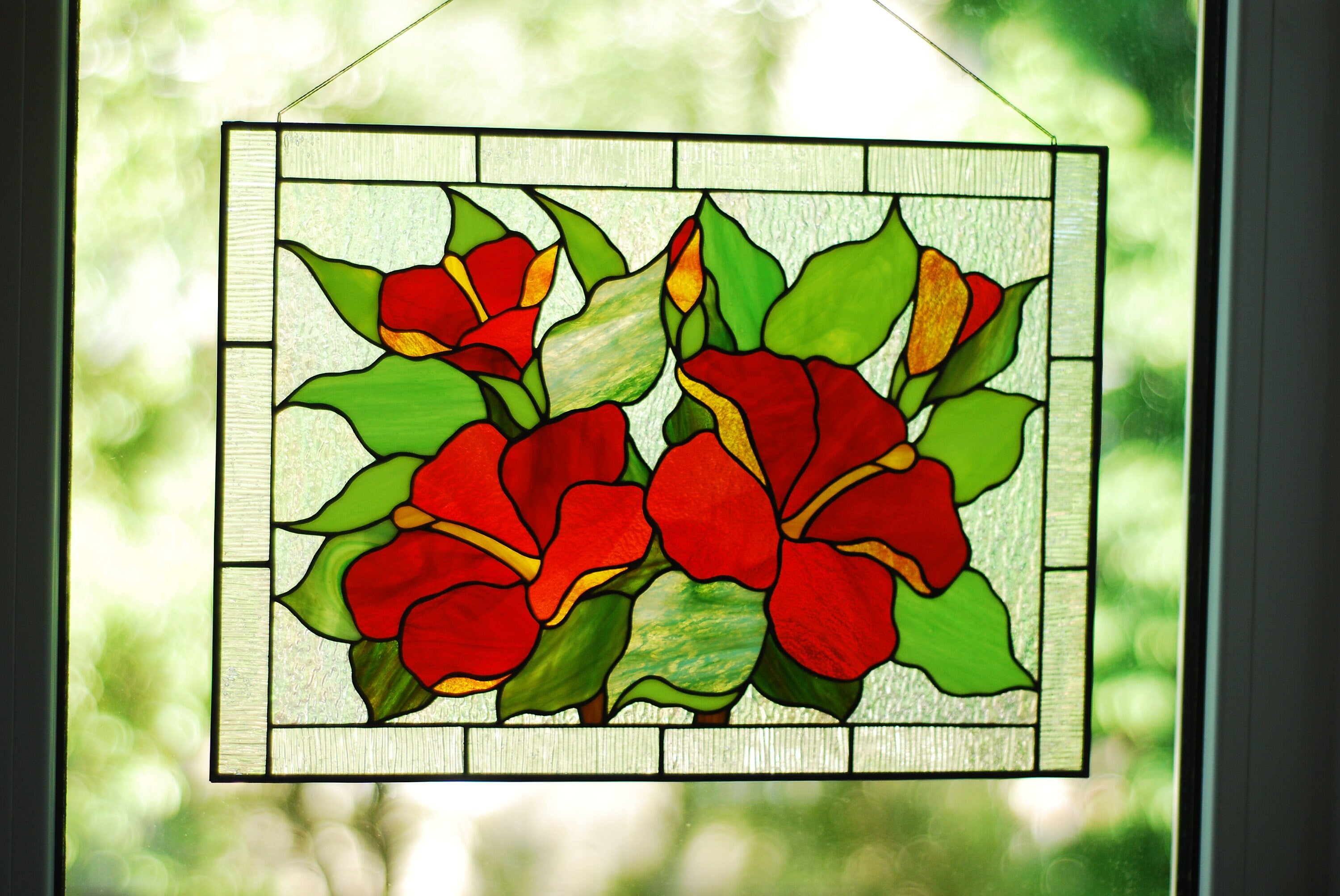 Red Hibiscus Stained Glass Panel - Floral Window Hangings, Custom Suncatcher Handmade Easter decor Tiffany glass art