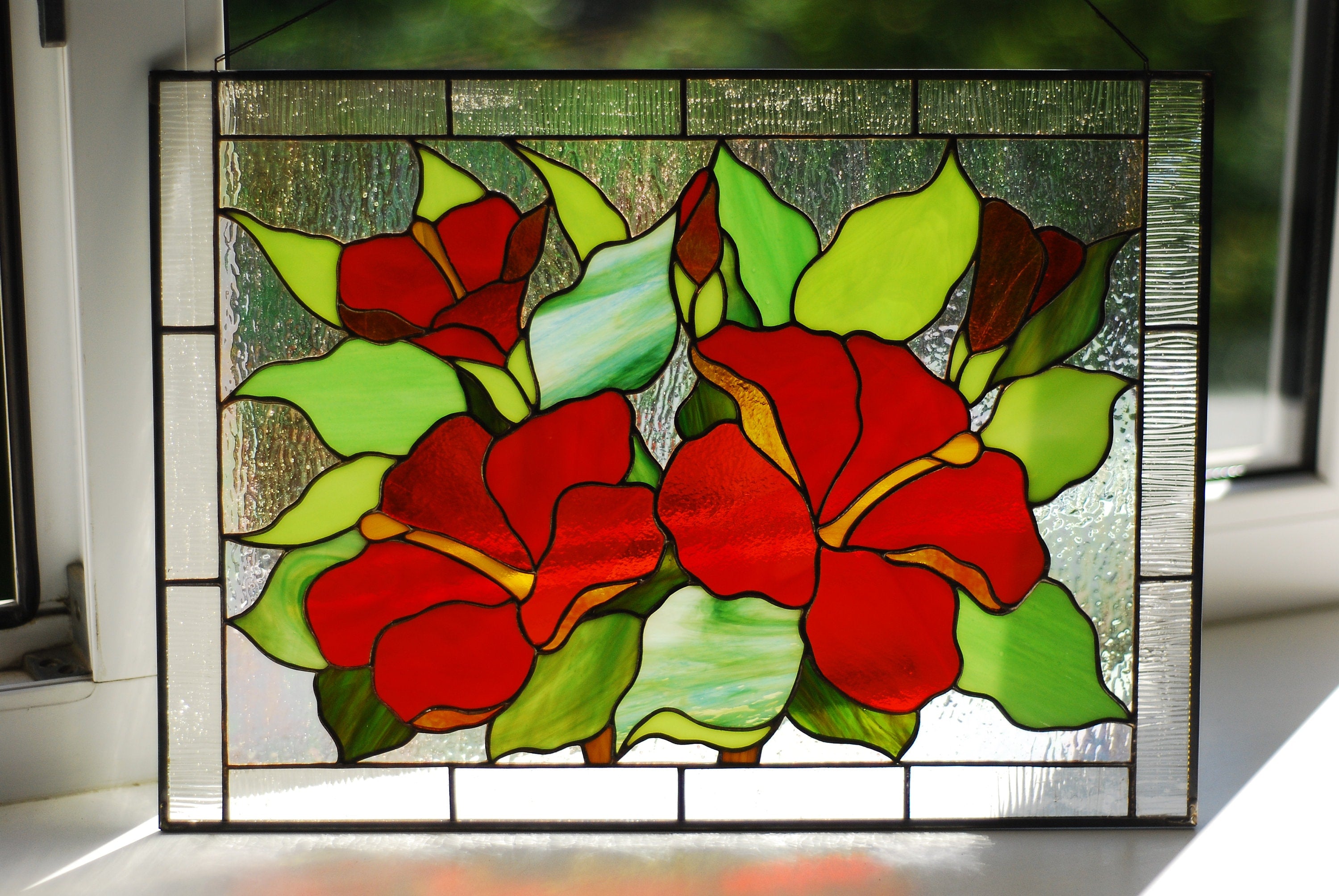 Red Hibiscus Stained Glass Panel - Floral Window Hangings, Custom Suncatcher Handmade Easter decor Tiffany glass art