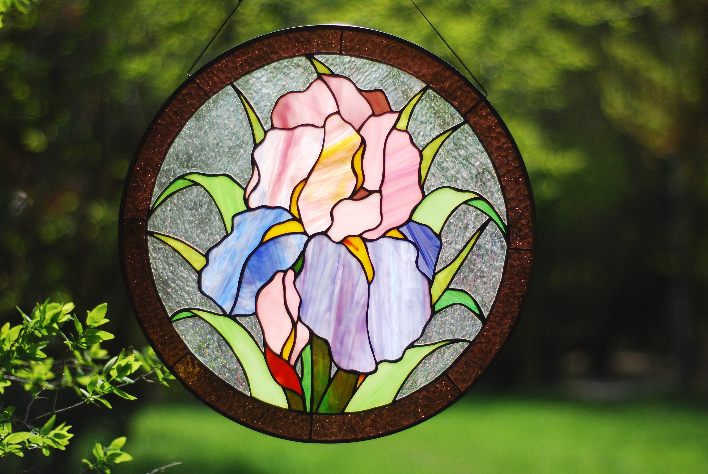 Round Stained Glass Panel Purple Iris 13.2 inches Pink flower window hangings Large stained glass Suncatchers, Personalized Gift for Mom