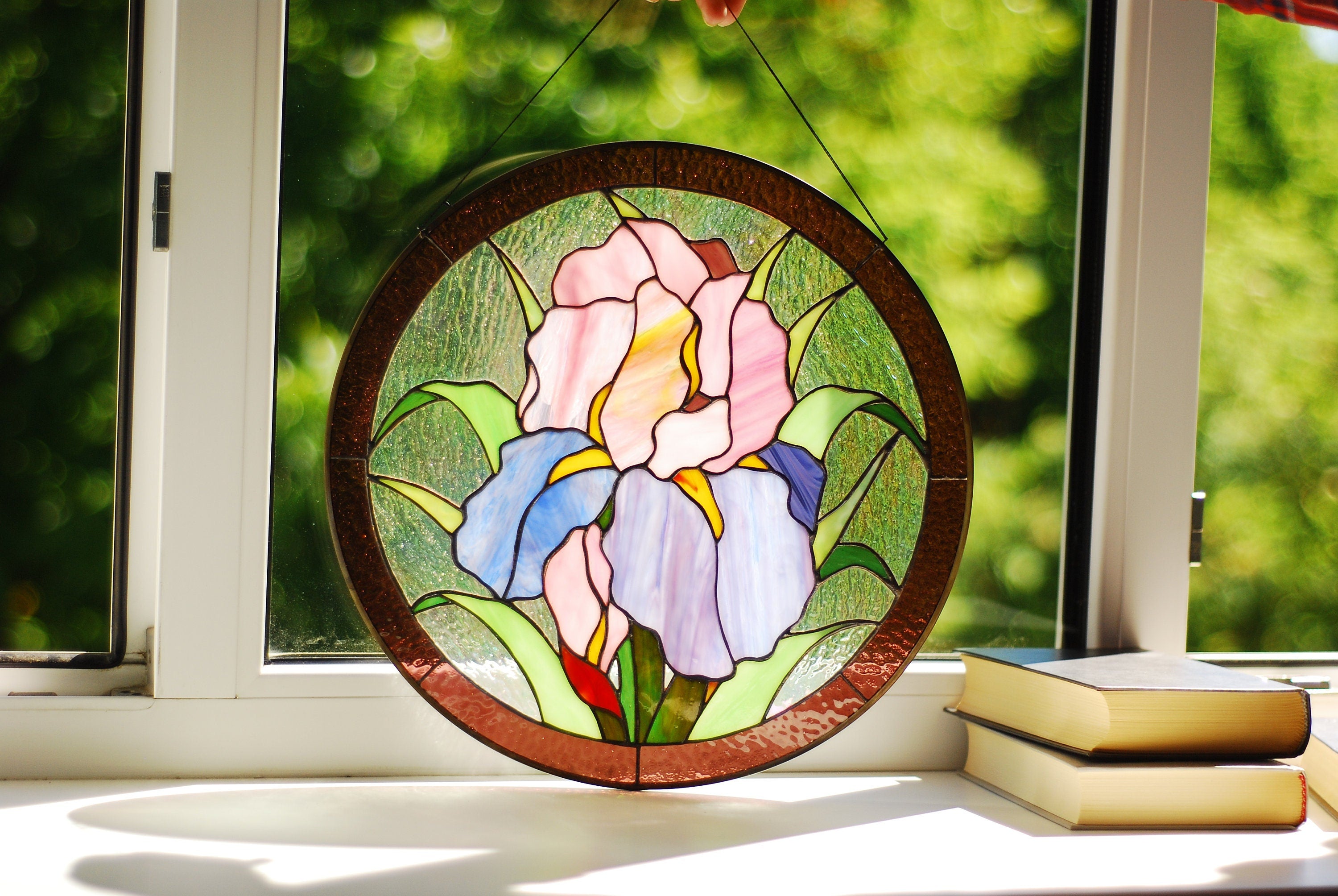 Round Stained Glass Panel Purple Iris 13.2 inches Pink flower window hangings Large stained glass Suncatchers, Personalized Gift for Mom