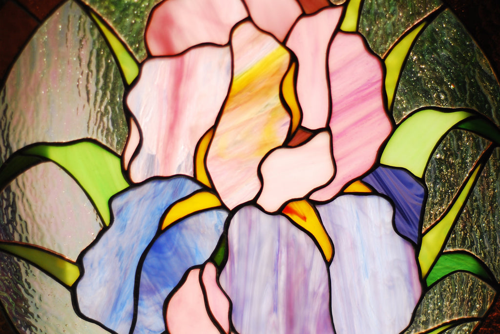 Round Stained Glass Panel Purple Iris 13.2 inches Pink flower window hangings Large stained glass Suncatchers, Personalized Gift for Mom