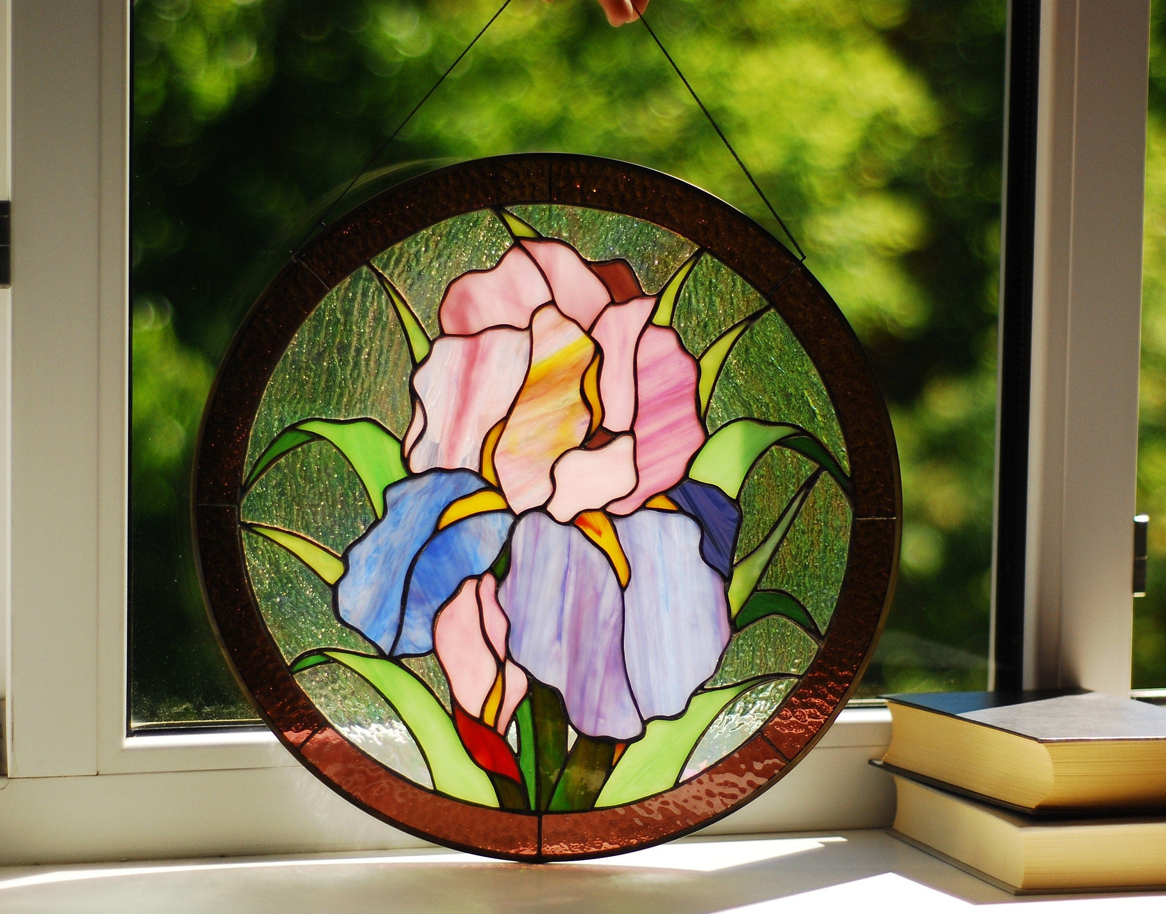Round Stained Glass Panel Purple Iris 13.2 inches Pink flower window hangings Large stained glass Suncatchers, Personalized Gift for Mom