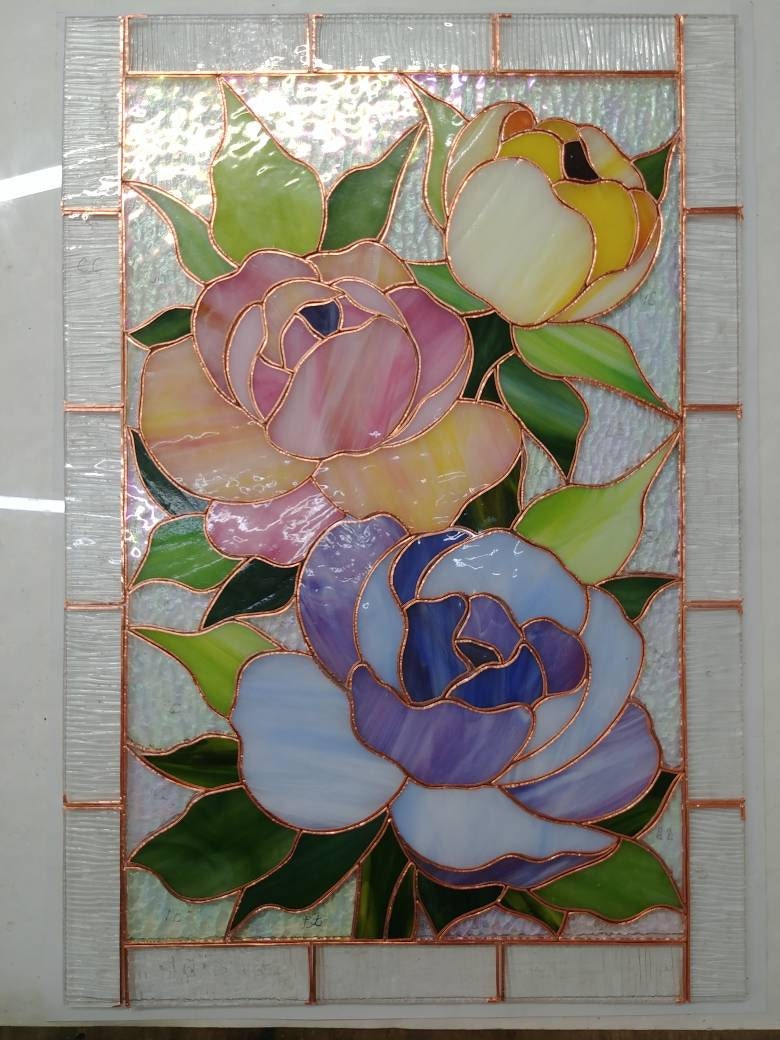 Handmade Peony Stained Glass Window Hanging, Floral Decor (11 × 16 in.)