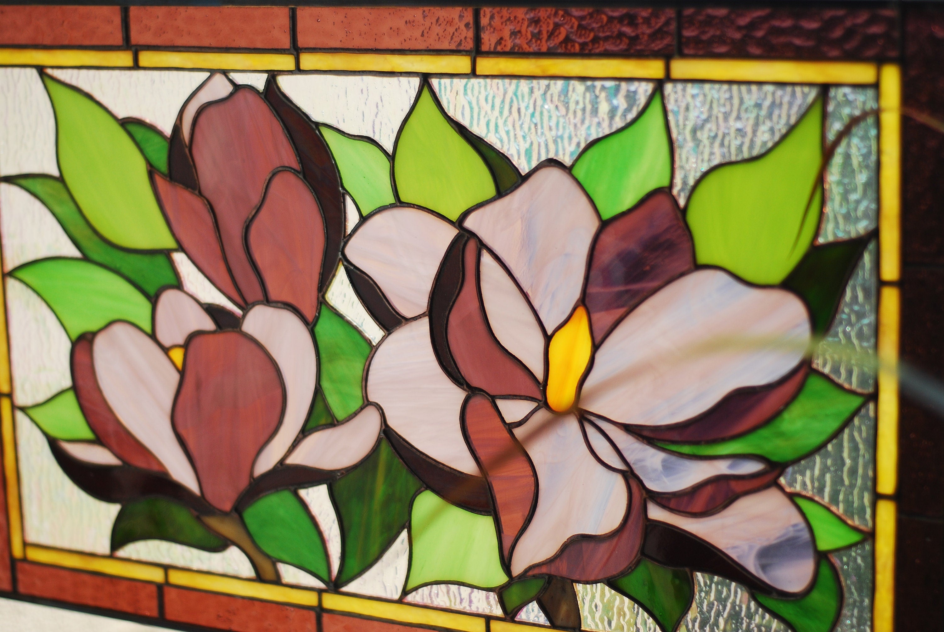 Stained Glass Magnolia Panel 15.5 x12.5 inch. Floral Window Hangings, Purple flower Suncatcher, Handmade Home Decoration Tiffany Glass Art
