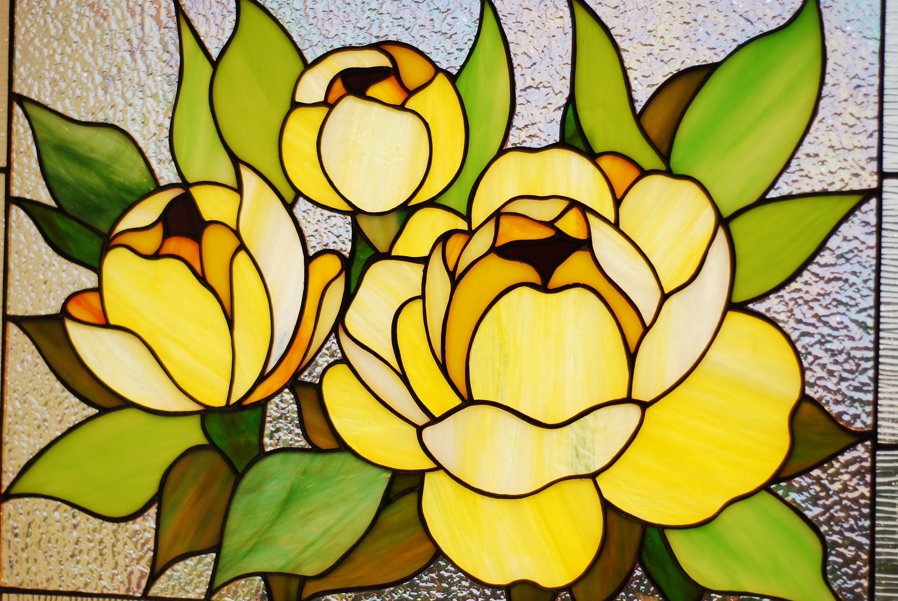 Stained glass panel Peony, Yellow flowers window hangings, Suncatcher, Stained glass decor, Large Tiffany glass art, Personalized gift