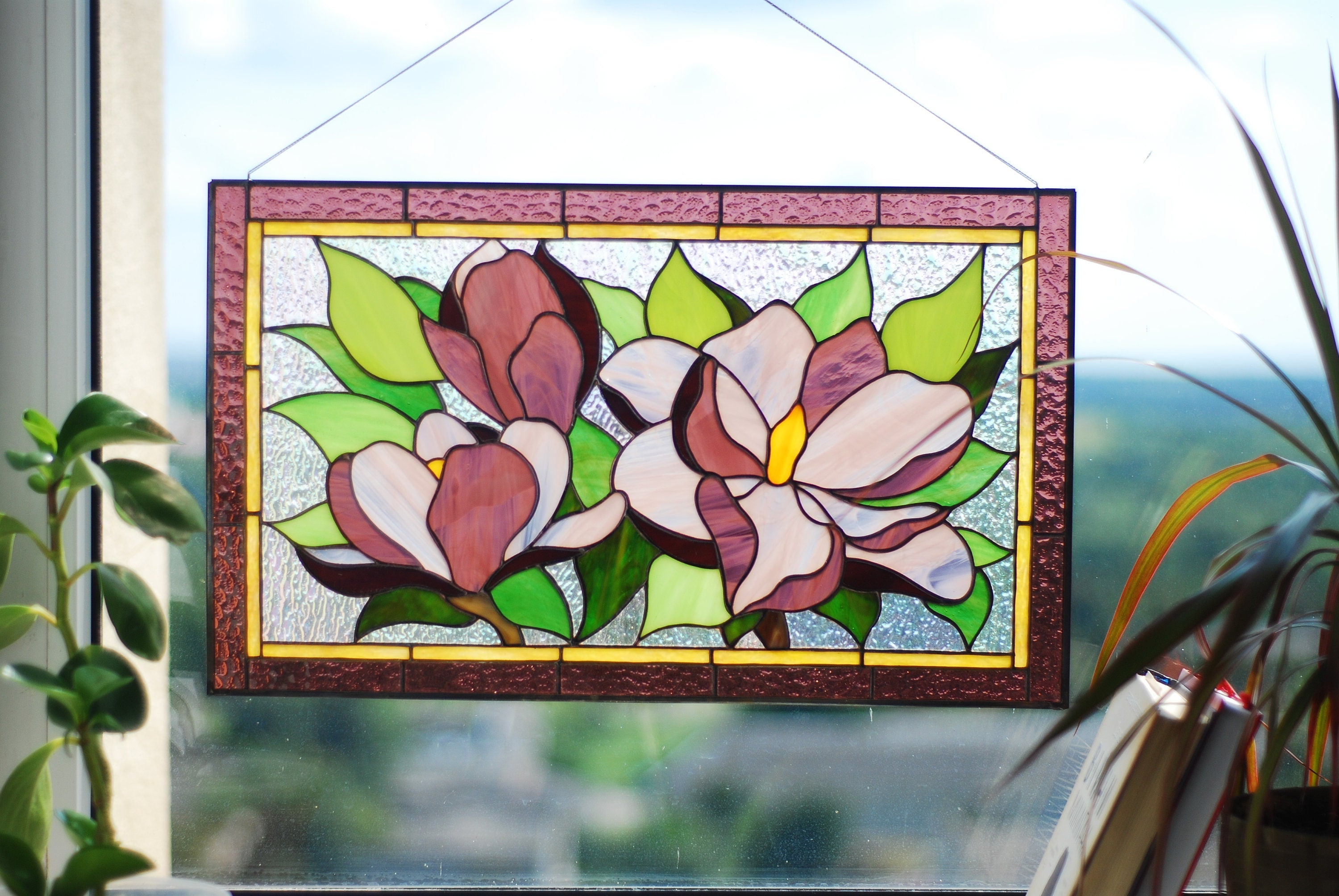 Stained Glass Magnolia Panel 15.5 x12.5 inch. Floral Window Hangings, Purple flower Suncatcher, Handmade Home Decoration Tiffany Glass Art