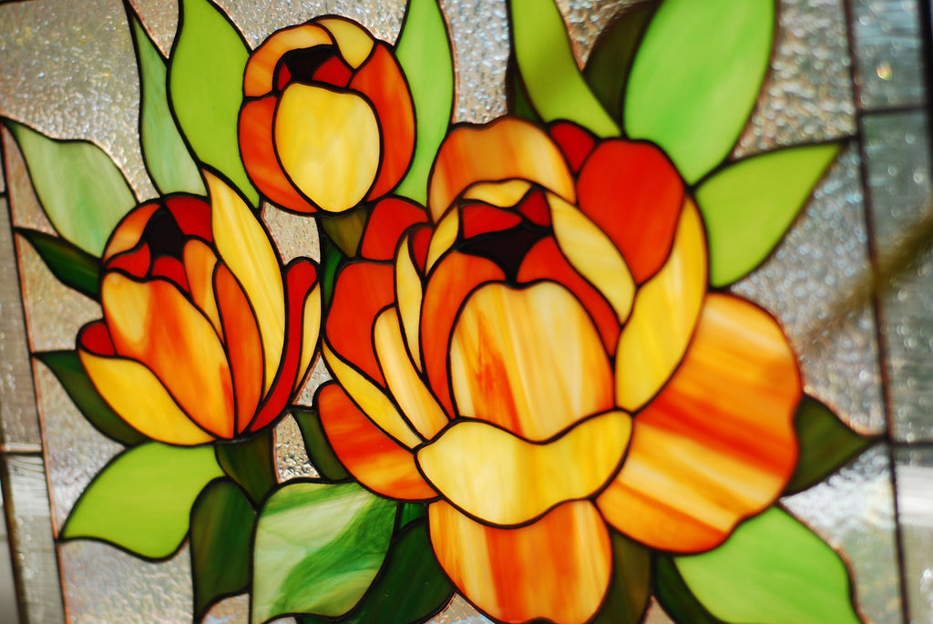 Orange Peony Stained Glass Window Hanging, Horizontal Window Panel Flower Stained Glass Suncatcher Tiffany Window Decor Personalized gift