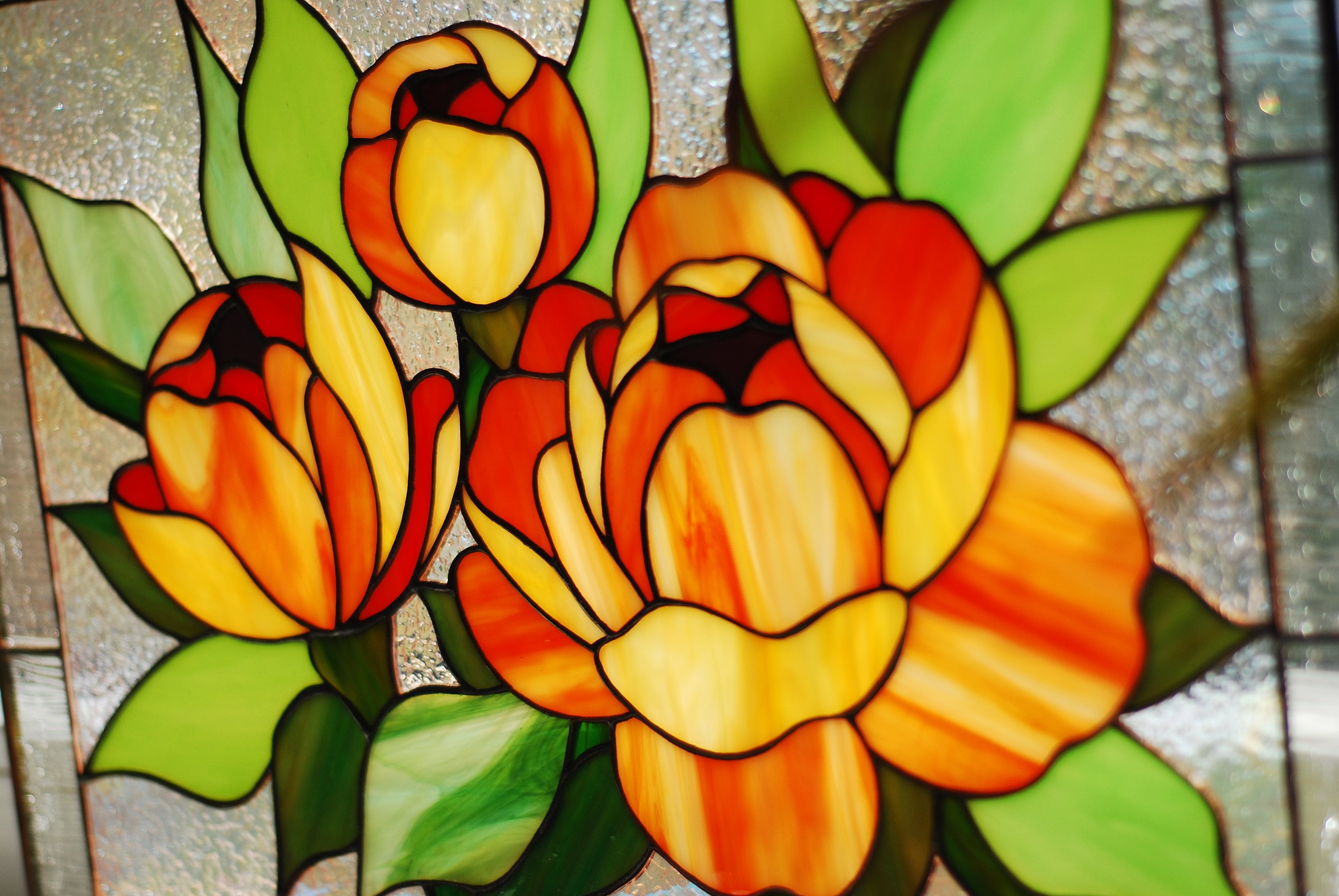 Orange Peony Stained Glass Window Hanging, Horizontal Window Panel Flower Stained Glass Suncatcher Tiffany Window Decor Personalized gift
