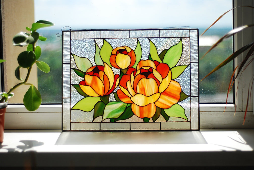 Orange Peony Stained Glass Window Hanging, Horizontal Window Panel Flower Stained Glass Suncatcher Tiffany Window Decor Personalized gift