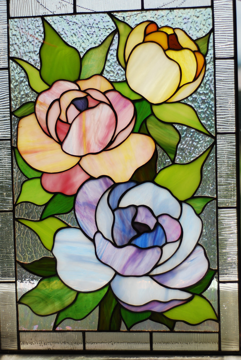 Handmade Peony Stained Glass Window Hanging, Floral Decor (11 × 16 in.)