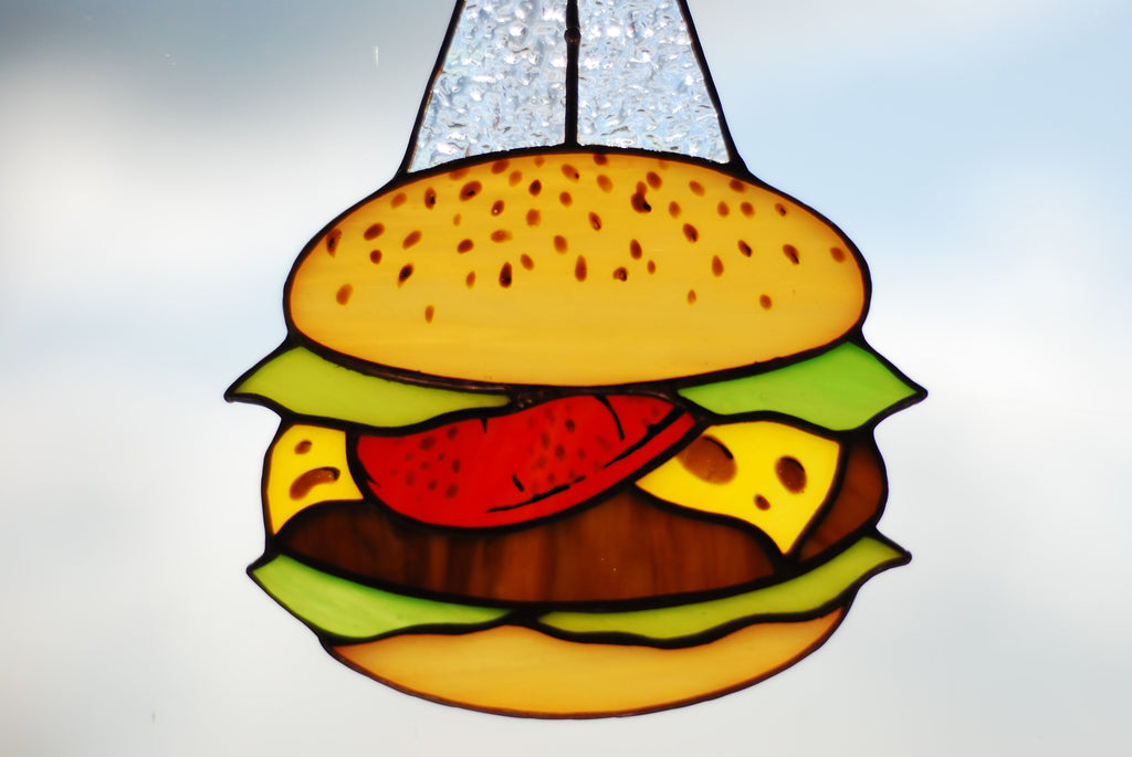 Stained Glass UFO Suncatcher 8x5 Inch, Funny Alien Burger Window Hanging, Humorous Kitchen Decor, Handmade Tiffany Glass, Unique Gift