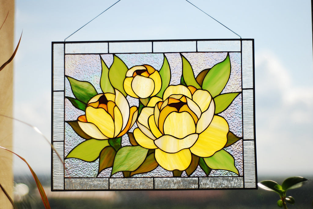 Stained glass panel Peony, Yellow flowers window hangings, Suncatcher, Stained glass decor, Large Tiffany glass art, Personalized gift
