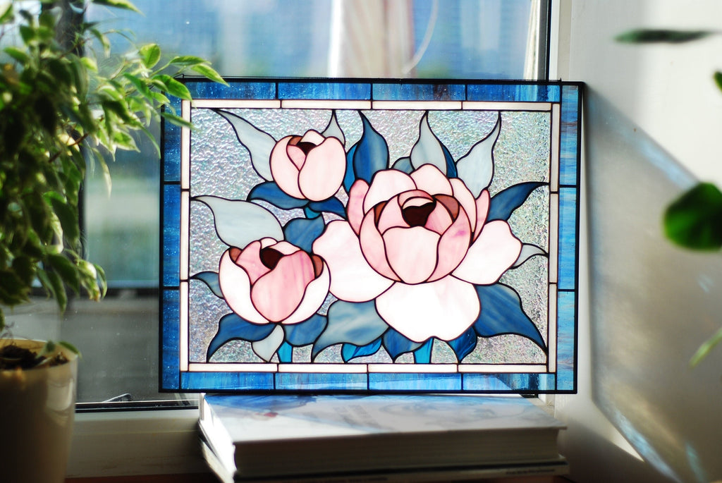 Pink peony stained glass window hangings 15.5x11.5" Unique gift for mom Custom stained glass flower decor Modern stained glass panel