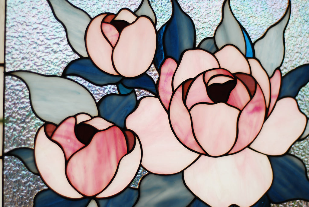 Pink peony stained glass window hangings 15.5x11.5" Unique gift for mom Custom stained glass flower decor Modern stained glass panel