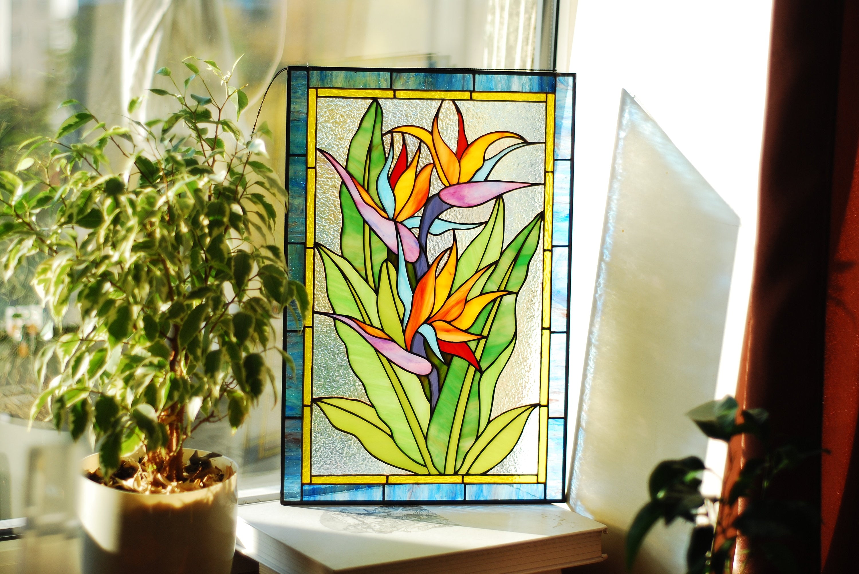 Stained Glass Bird of Paradise, Handmade Window Hanging 11"x16.5" Custom Stained Glass Panel, Tiffany Glass Art, Window Decor