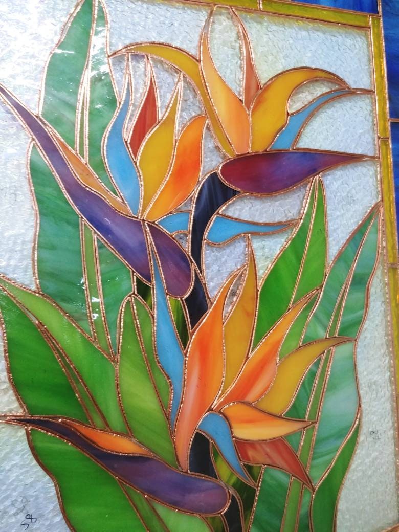 Stained Glass Bird of Paradise, Handmade Window Hanging 11"x16.5" Custom Stained Glass Panel, Tiffany Glass Art, Window Decor