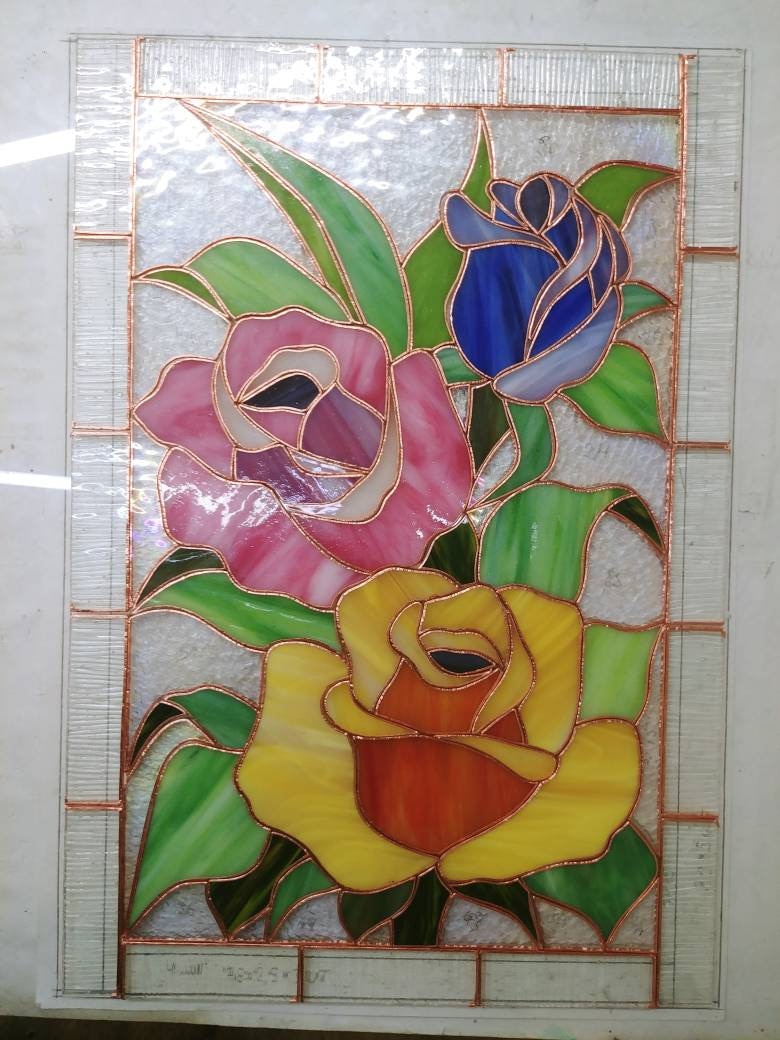 Stained glass window panel multicolored roses, Handmade sun catcher, Personalized gift, Window hangings, Tiffany glass art