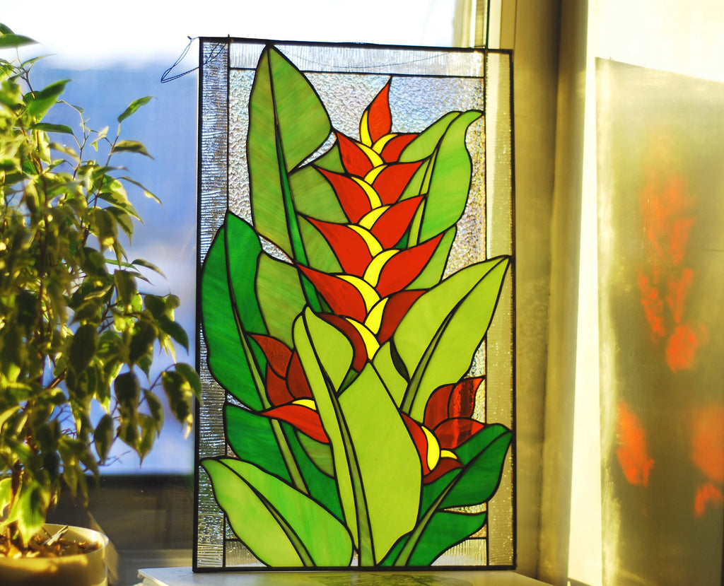 Handmade Bird of Paradise Stained Glass Window Hanging, Floral Decor