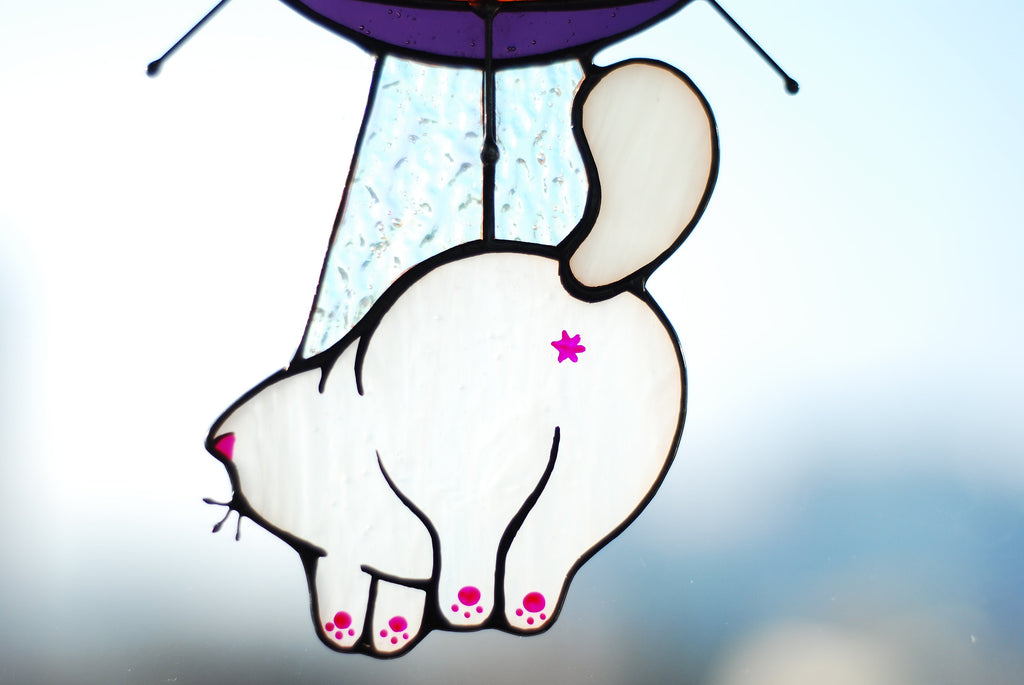Stained Glass UFO Abducting Cat Suncatcher, Alien Spaceship Window Hanging