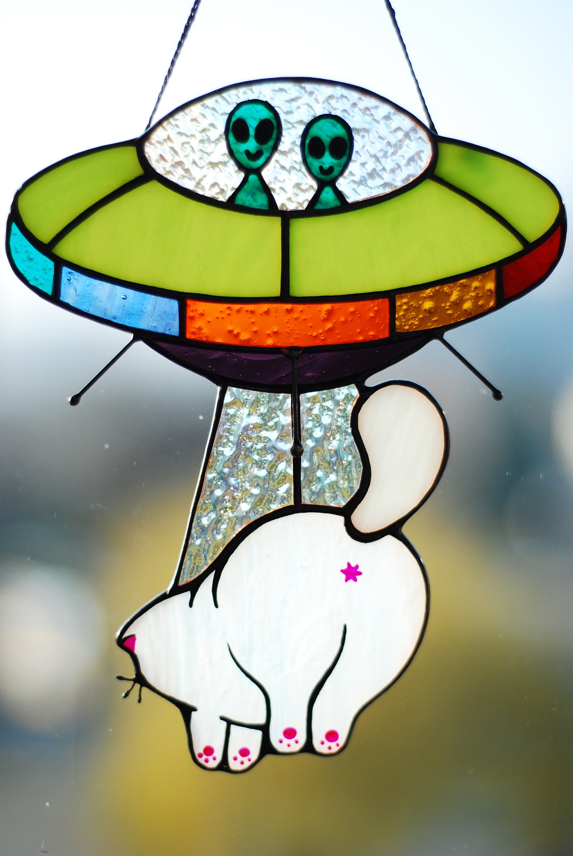 Stained Glass UFO Abducting Cat Suncatcher, Alien Spaceship Window Hanging
