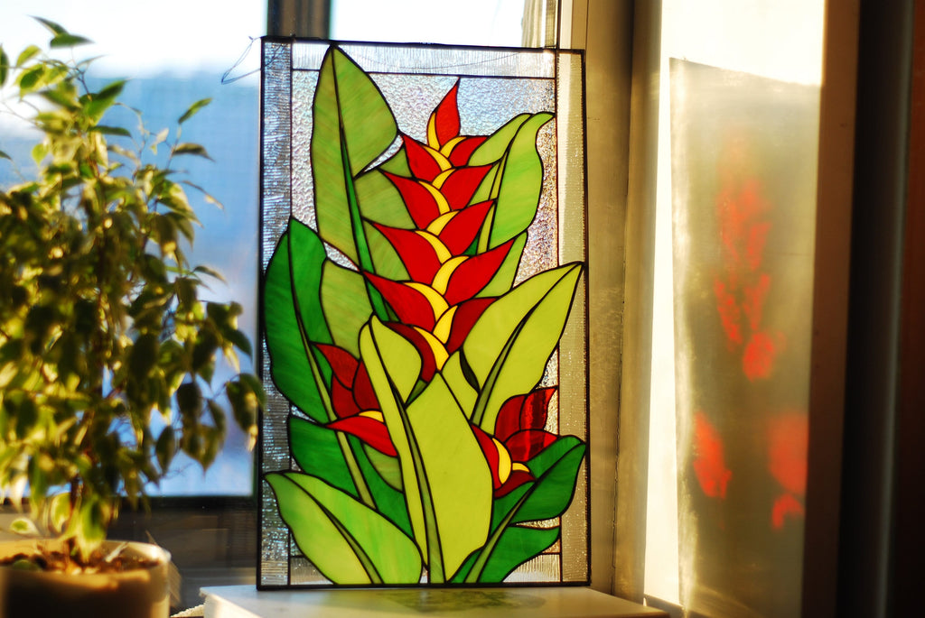 Handmade Bird of Paradise Stained Glass Window Hanging, Floral Decor