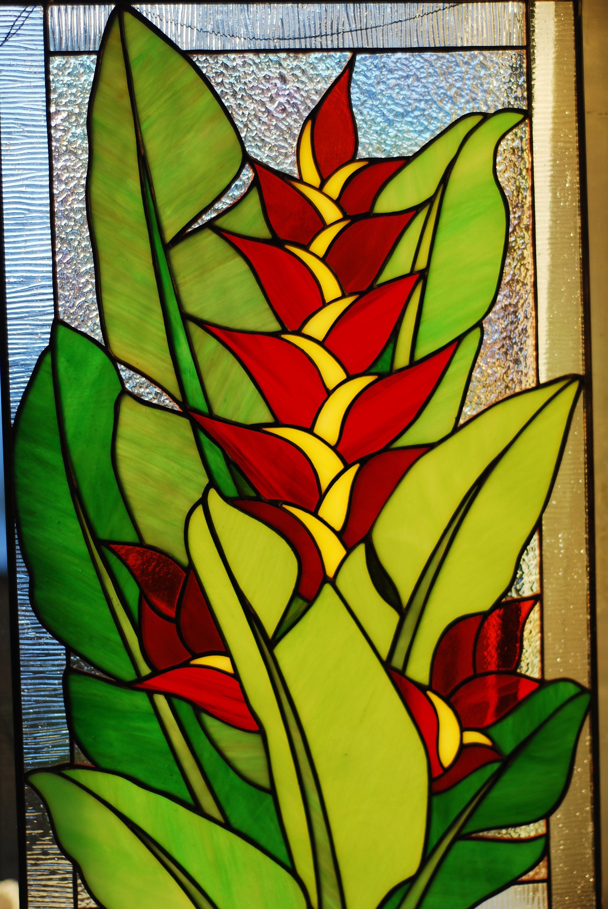 Handmade Bird of Paradise Stained Glass Window Hanging, Floral Decor