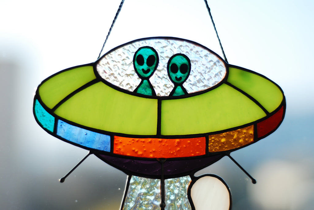 Stained Glass UFO Abducting Cat Suncatcher, Alien Spaceship Window Hanging