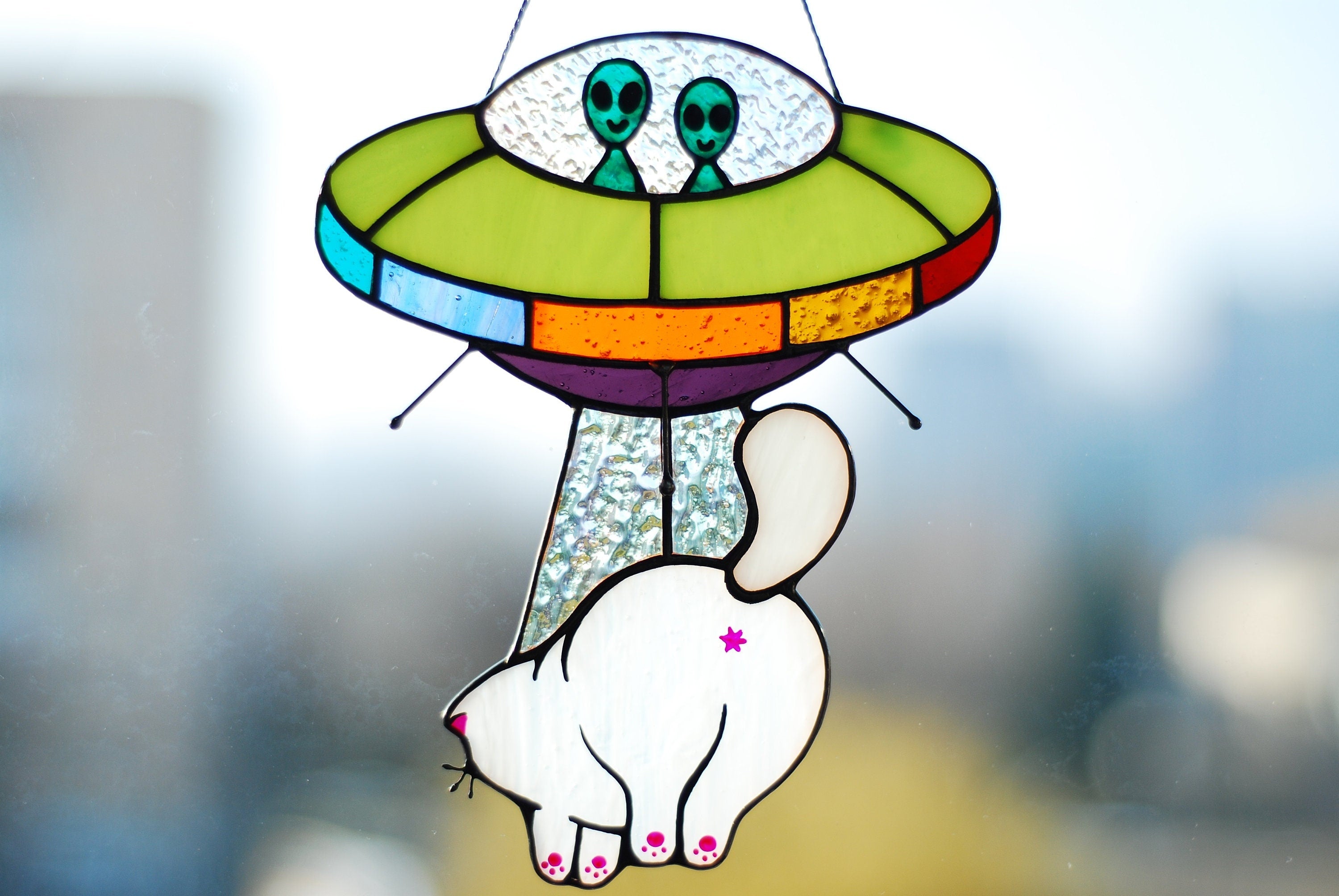 Stained Glass UFO Abducting Cat Suncatcher, Alien Spaceship Window Hanging