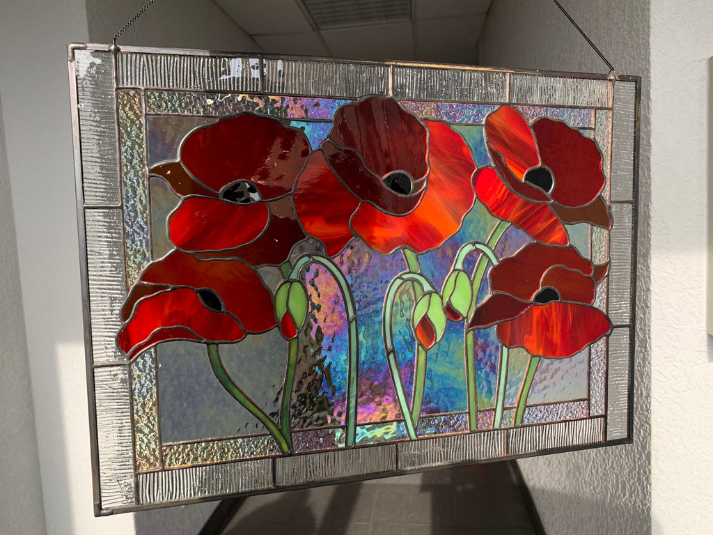 Red Poppy Stained Glass Panel Suncatcher 15x11.5 In, Kitchen Window Decor