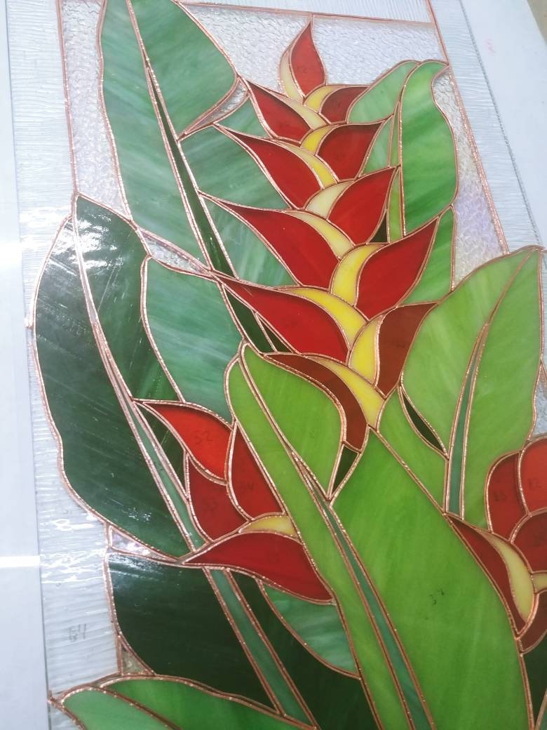 Handmade Bird of Paradise Stained Glass Window Hanging, Floral Decor