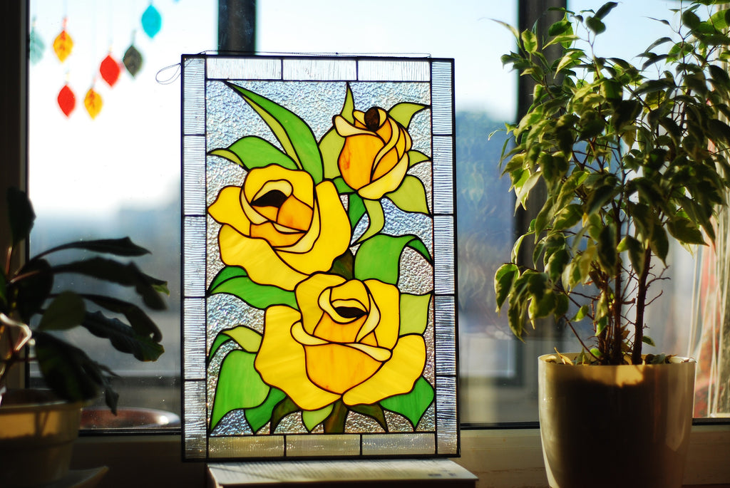 Stained Glass Window Panel Yellow Rose 12 x 16 in. Motherʼs Day Gift, Large Window Hangings, Custom Flower Suncatchers, Tiffany Glass art