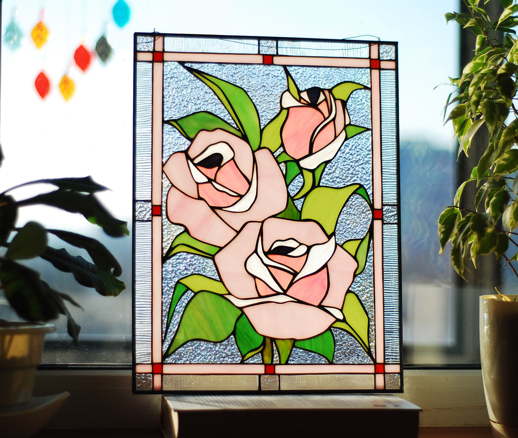 Pink Roses Stained Glass Art Panel, Unique Floral Window Hanging, Suncatcher in Tiffany Style, Elegant Birthday or Mother's Day Gift for Her
