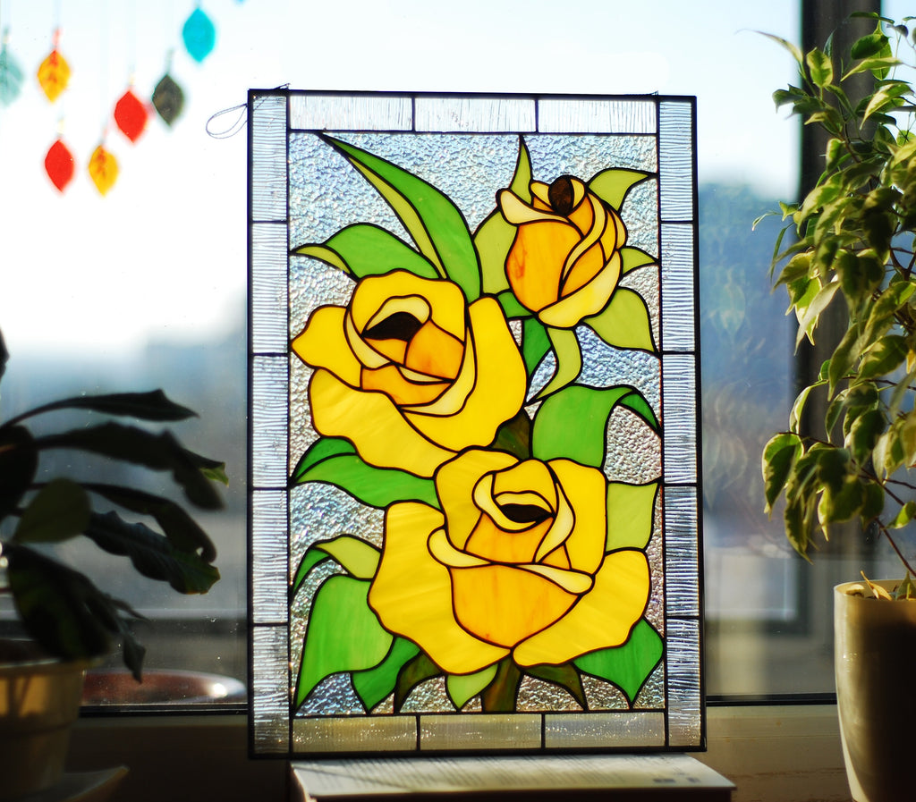 Stained Glass Window Panel Yellow Rose 12 x 16 in. Motherʼs Day Gift, Large Window Hangings, Custom Flower Suncatchers, Tiffany Glass art