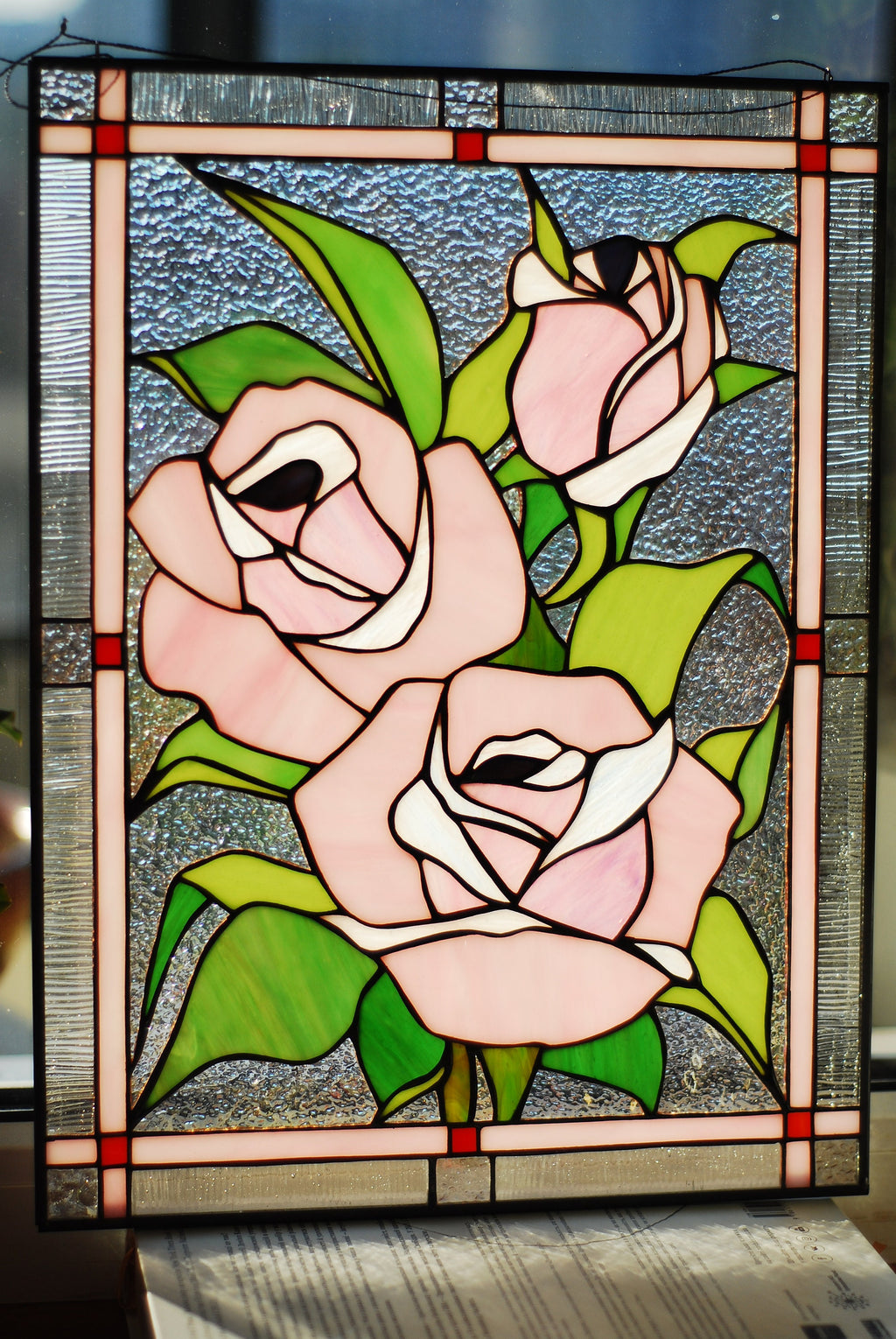 Pink Roses Stained Glass Art Panel, Unique Floral Window Hanging, Suncatcher in Tiffany Style, Elegant Birthday or Mother's Day Gift for Her