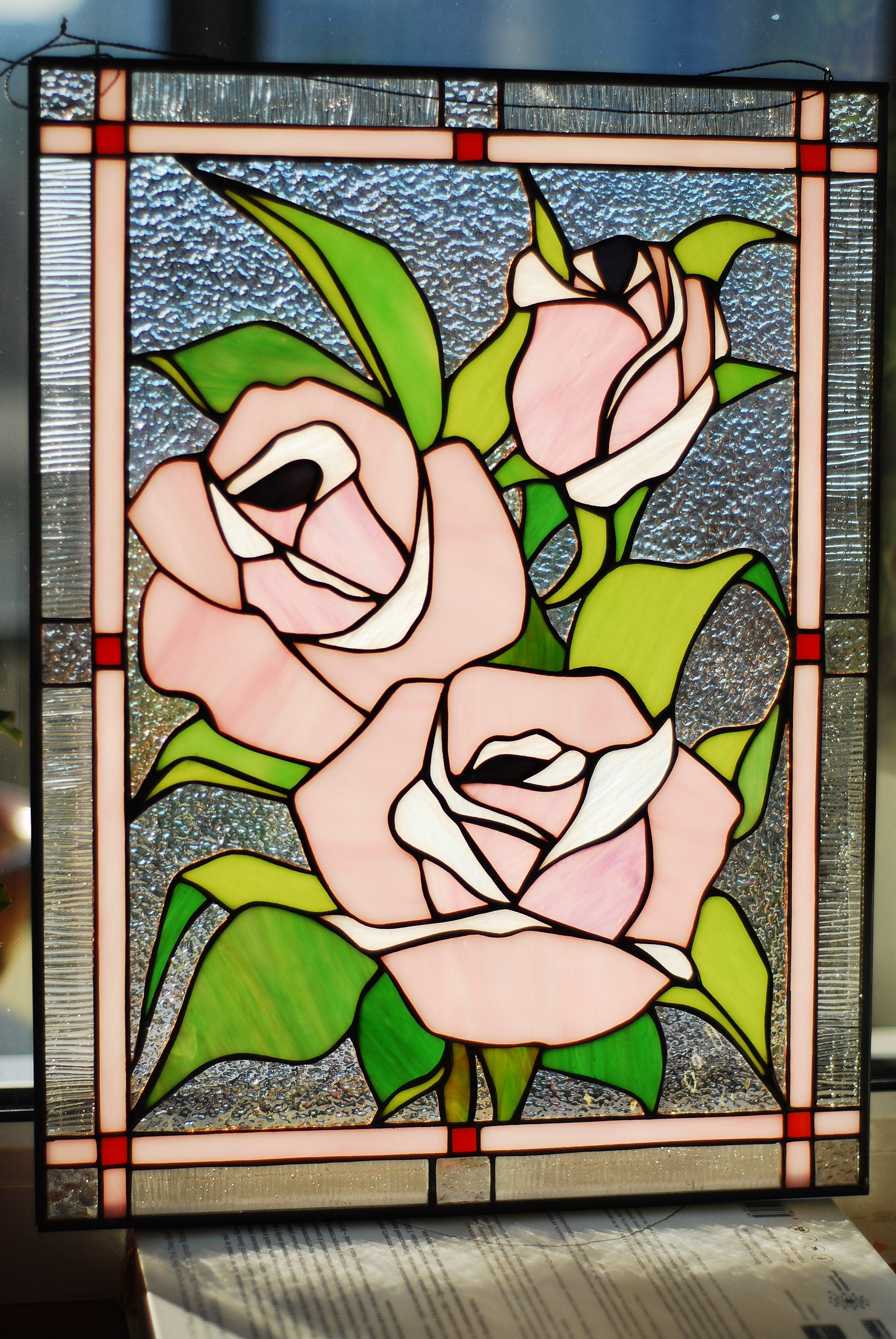 Pink Roses Stained Glass Art Panel, Unique Floral Window Hanging, Suncatcher in Tiffany Style, Elegant Birthday or Mother's Day Gift for Her
