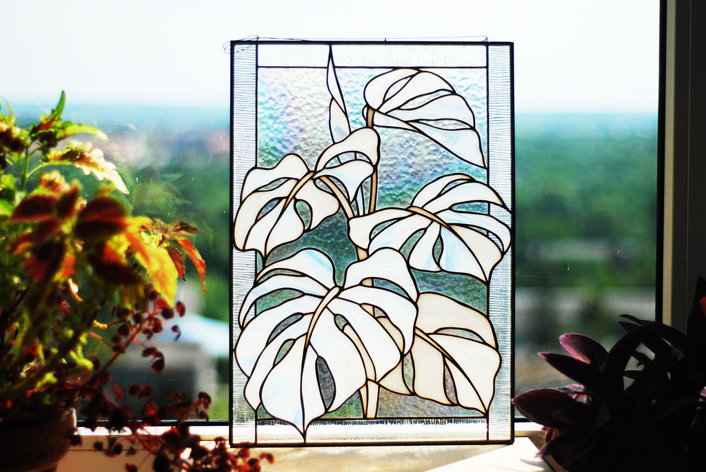 Stained glass panel Variegated monstera 16 X 12 inches Window hangings Leaf sun catcher Monstera albo plant, Personalized Gift for Mom