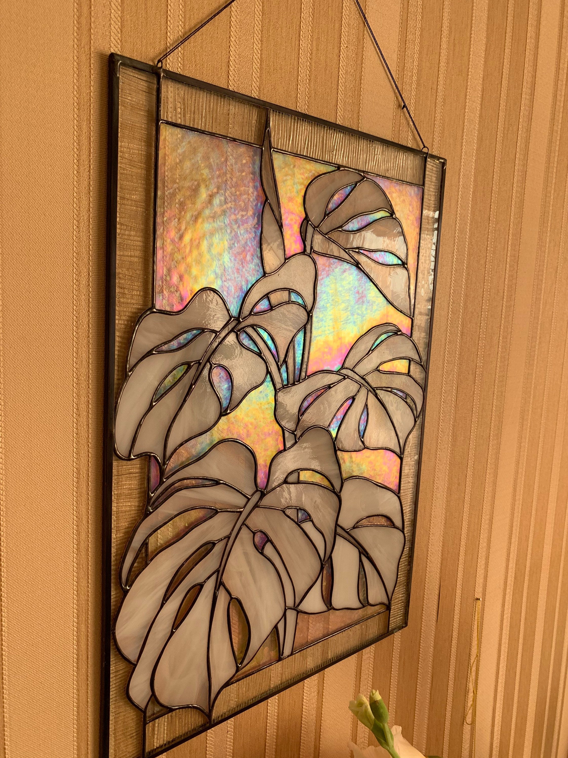 Stained glass panel Variegated monstera 16 X 12 inches Window hangings Leaf sun catcher Monstera albo plant, Personalized Gift for Mom