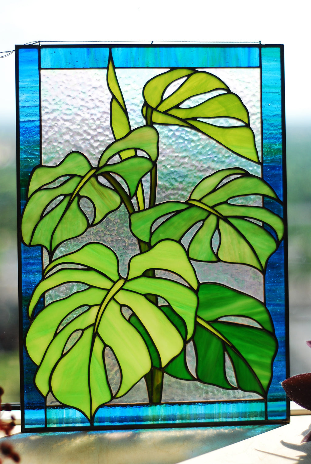 Stained Glass Window Panel Monstera Leaves Custom Window Hangings, Rectangle Suncatcher, Handmade Mother’s Day gift, Tiffany Glass Art