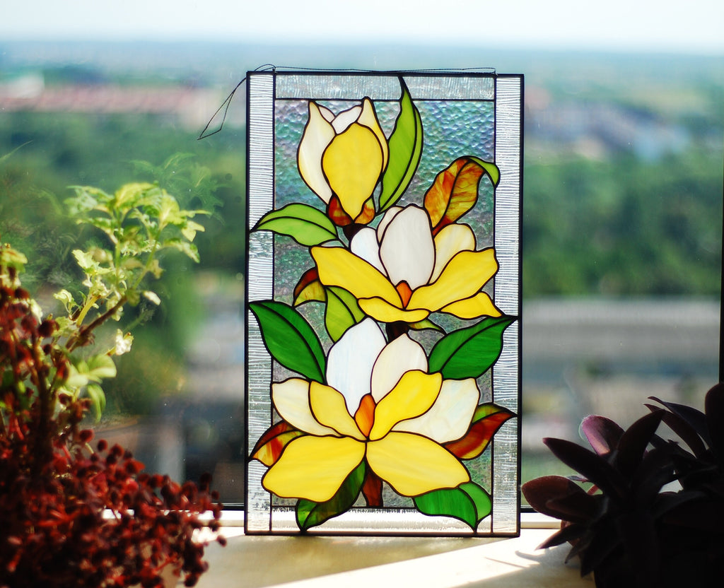 Yellow Magnolia Stained Glass Window Panel, Handmade Floral Suncatcher