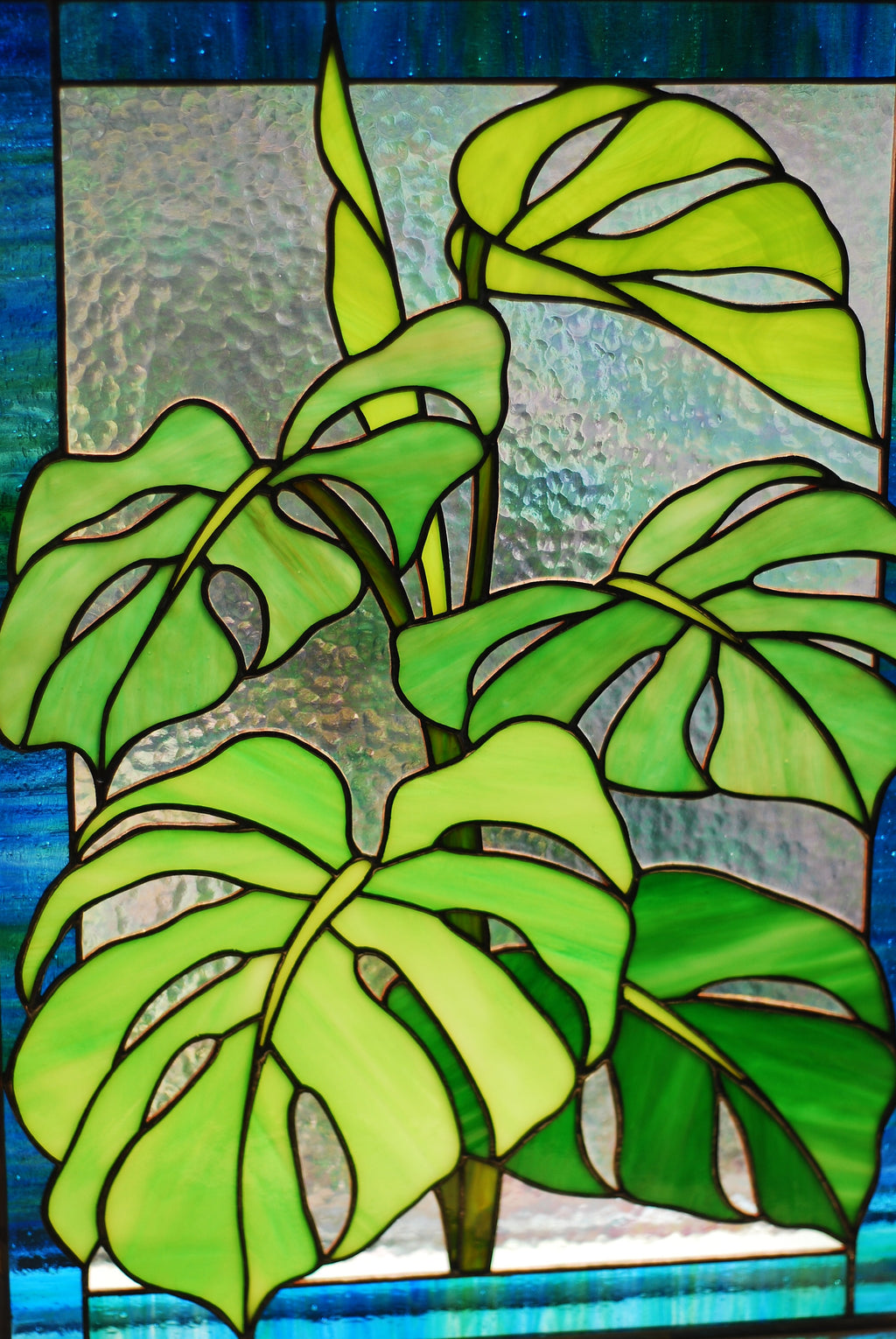 Stained Glass Window Panel Monstera Leaves Custom Window Hangings, Rectangle Suncatcher, Handmade Mother’s Day gift, Tiffany Glass Art