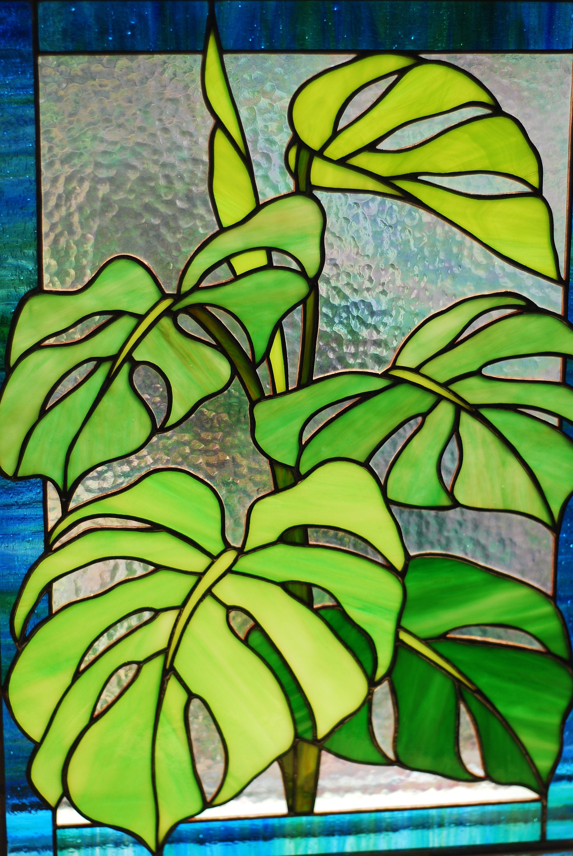 Stained Glass Window Panel Monstera Leaves Custom Window Hangings, Rectangle Suncatcher, Handmade Mother’s Day gift, Tiffany Glass Art