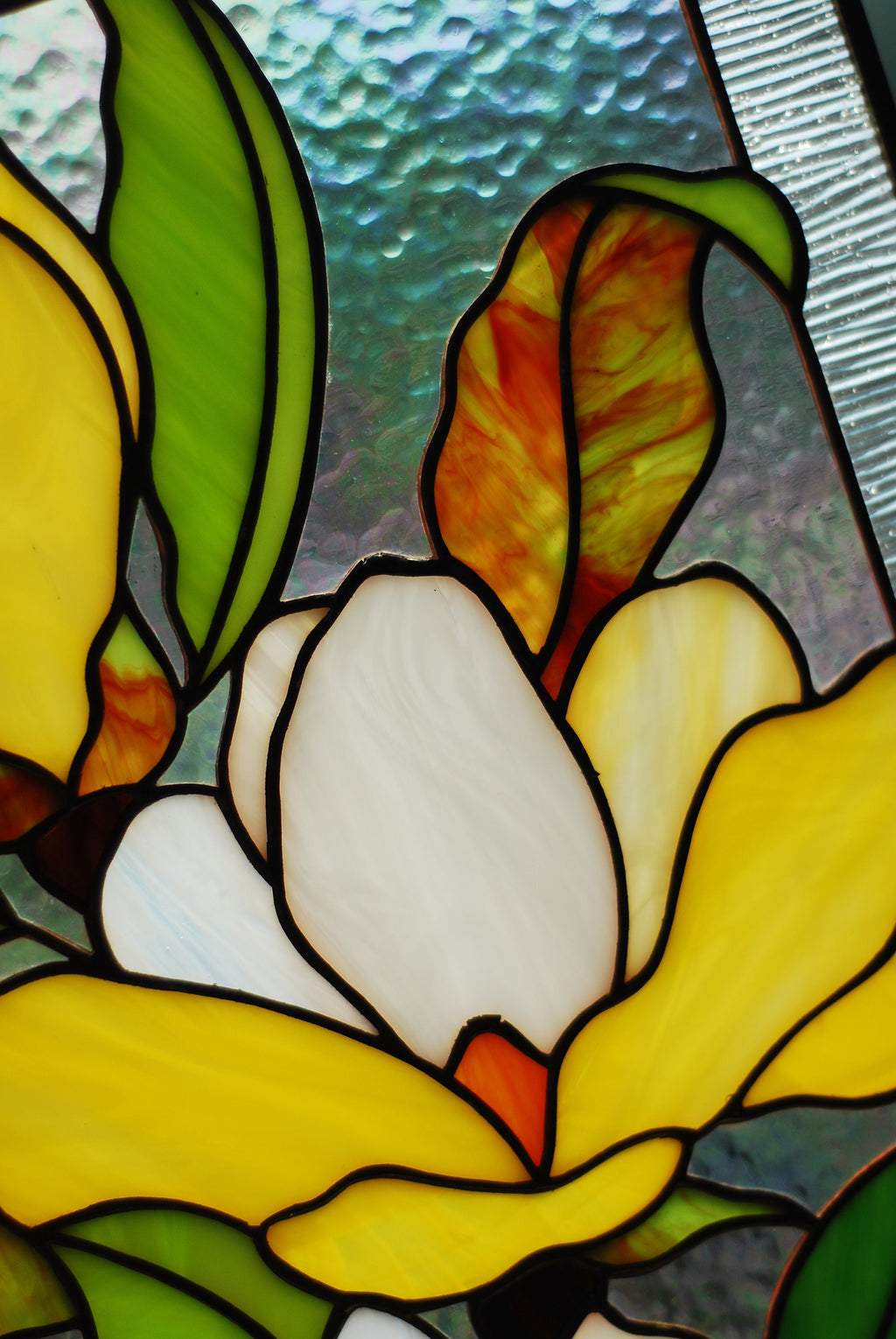 Yellow Magnolia Stained Glass Window Panel, Handmade Floral Suncatcher
