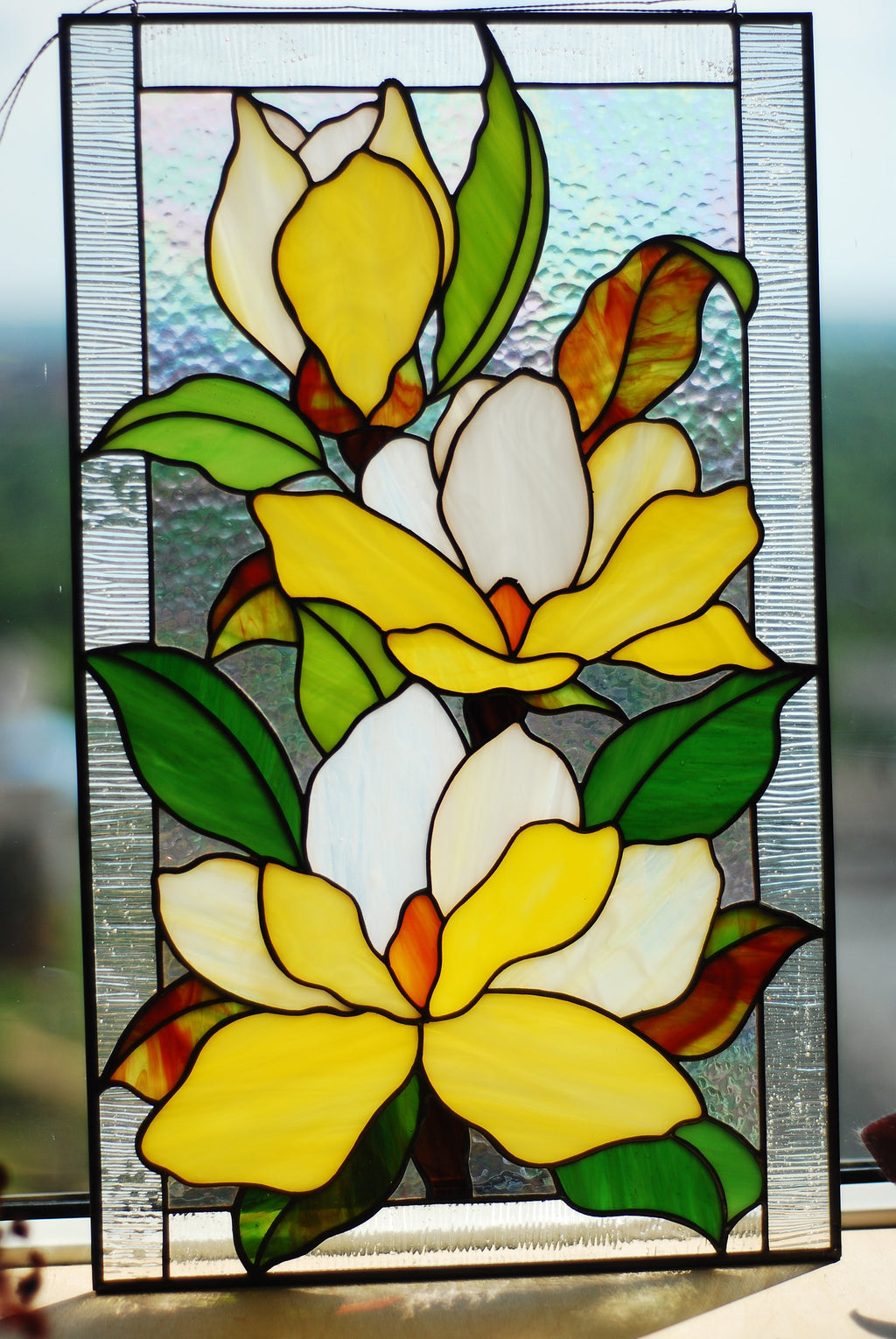 Yellow Magnolia Stained Glass Window Panel, Handmade Floral Suncatcher